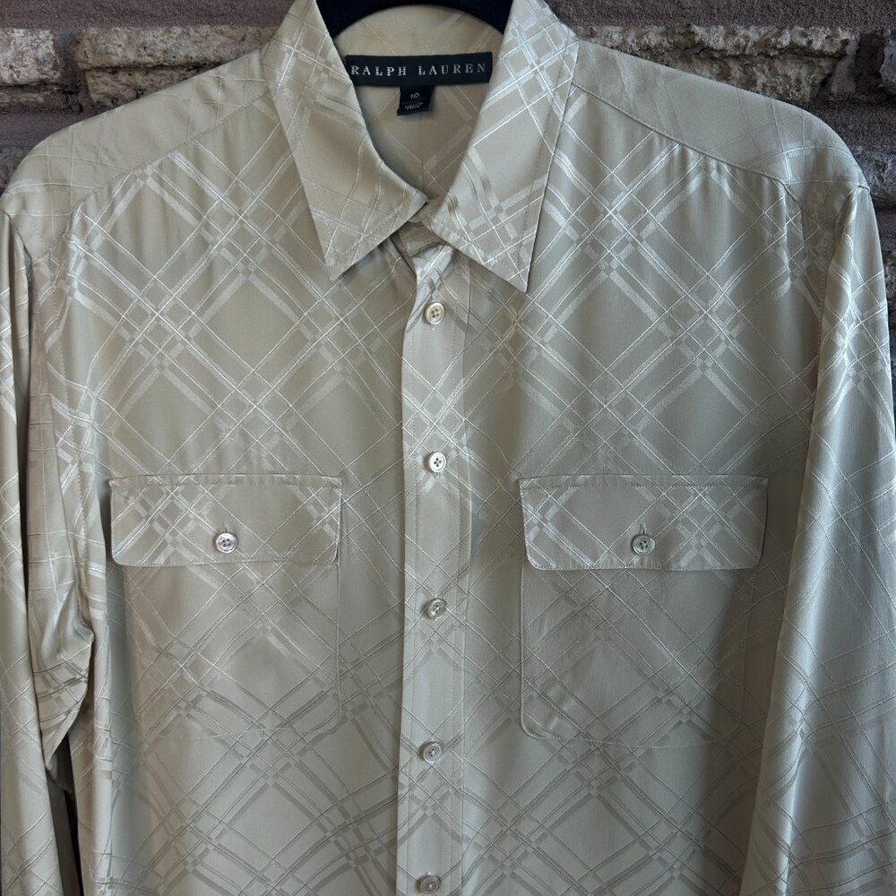 Ralph Lauren Black Label Classic Tan 100% Silk Blouse Size 10 - Picture 5 of 7